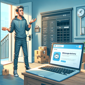 DALL·E 2023 11 07 05.03.16 Create an image that illustrates the frustration of a missed package delivery in a residential setting. Depict a person looking perplexed or mildly di 1