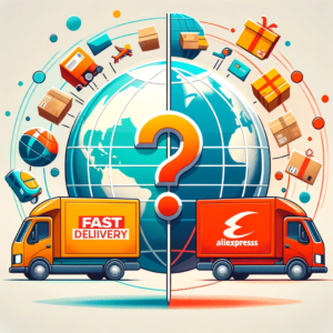 DALL·E 2023 11 07 05.52.30 An image representing the concept of choosing between two online shopping platforms. On one side depict a fast delivery truck with the colors and sty 1