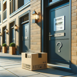 DALL·E 2023 11 07 18.57.26 An image depicting a package left at an apartment building doorstep with a notification tag on it saying Delivered. The building is modern with mult 1