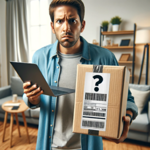 DALL·E 2023 11 07 19.20.17 An image of a confused customer holding an open package with a return label missing the barcode in their hand. The customer is standing in a living ro 1 1