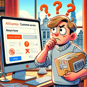 DALL·E 2023 11 07 19.23.09 An image of a confused cartoon character holding a package and a return form in front of a computer screen displaying the AliExpress customer service 1