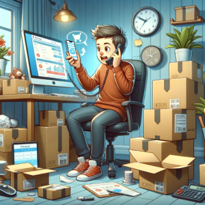 DALL·E 2023 11 07 20.15.11 A cartoon character sitting in front of a computer in a home office setting surrounded by open packages. The character is depicted as multitasking w 1