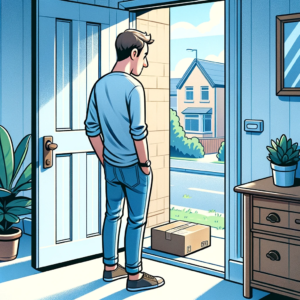DALL·E 2023 11 07 20.20.22 An illustration of a confused person standing at an open door looking down at an empty doorstep symbolizing a missed package delivery. The person is 1