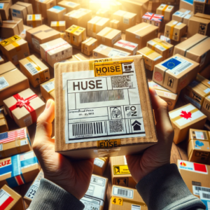 DALL·E 2023 11 07 20.27.57 A package with a visible shipping label missing the house number surrounded by a variety of other international packages. The image should convey a s 1