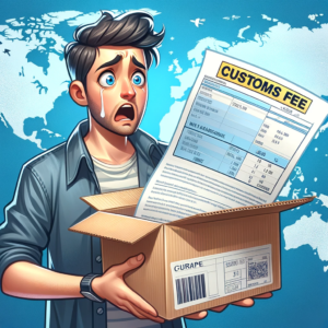 DALL·E 2023 11 08 05.06.55 An image of a person looking confused and surprised while holding an open package with a visible invoice attached to it. The invoice has a large CUST 1