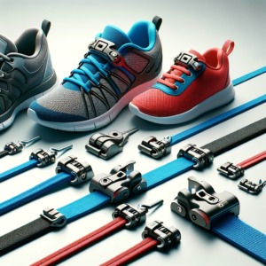 DALL·E 2023 11 08 06.42.21 A composition that showcases no tie shoelaces with a metal lock mechanism on various types of shoes. One pair of shoes is for running with bright blue 1