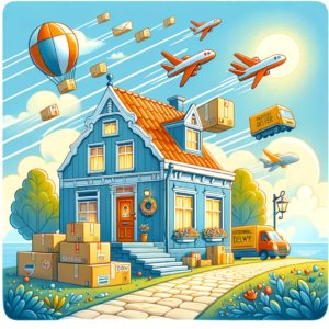 DALL·E 2023 11 09 05.17.06 A whimsical illustration of an online shopping theme showcasing packages with wings flying towards a house representing the idea of international de 1