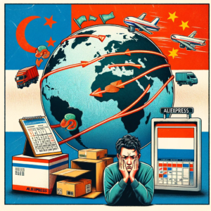 DALL·E 2023 11 10 17.49.48 A digital collage representing the challenges of international package delivery. The image includes a globe with shipping routes highlighting China an 1