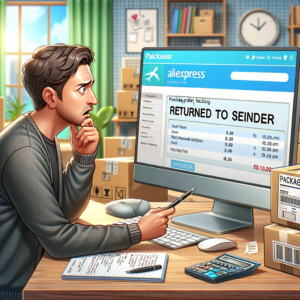 DALL·E 2023 11 11 07.16.41 An image depicting a confused customer looking at a computer screen which displays an AliExpress order tracking page showing Package Returned to Sen 1