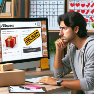 DALL·E 2023 11 11 12.29.06 A visual representation of a customer checking the status of their AliExpress order on a computer screen showing a delayed delivery notification from 1