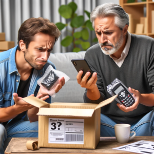 DALL·E 2023 11 11 17.59.20 An image showing a perplexed customer opening a package at home revealing an incorrect item inside different from what was ordered from AliExpress. 1