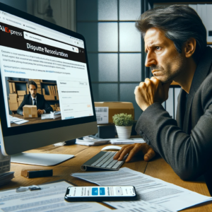 DALL·E 2023 11 11 18.26.06 An image showing a customer at his desk looking at a computer screen displaying the AliExpress dispute resolution page. The customer is a middle aged 1