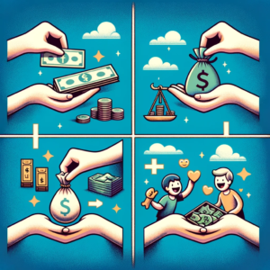 DALL·E 2023 11 12 06.24.50 An image depicting four distinct sections each representing a different form of exchange. The first section shows a hand taking money symbolizing un 1