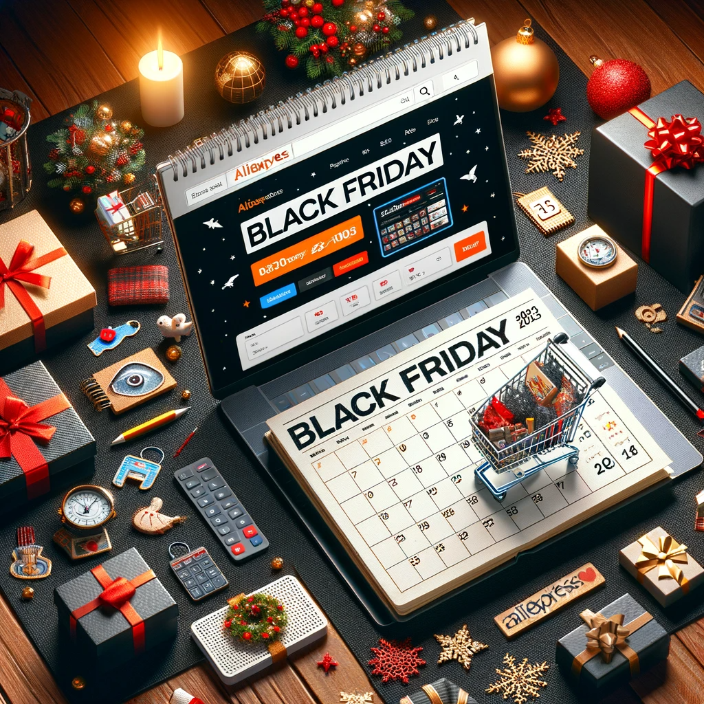 DALL·E 2023 11 13 06.52.48 An image showing a festive and exciting Black Friday shopping scene. The image includes a calendar marked with the date of Black Friday 2023 a laptop 1