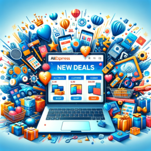 DALL·E 2023 11 14 05.08.04 An image depicting a vibrant and exciting shopping scene for AliExpress new deals and discounts. The image includes a laptop with the AliExpress websi 1