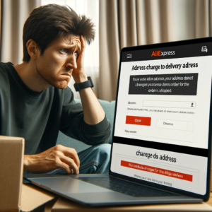 DALL·E 2023 11 14 06.41.12 An image showing a customer looking worried while trying to change the delivery address on a laptop. The screen displays an AliExpress order page with 1