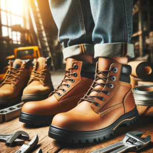 DALL·E 2023 11 14 06.59.29 An image showing a pair of TANRDON Work Safety Shoes highlighting their robust and comfortable design. The shoes feature steel toe caps and are place 1 1
