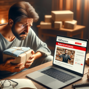 DALL·E 2023 11 14 08.34.30 An image showing a person sitting at a desk looking concerned while holding returned goods. The person is trying to communicate with AliExpress custo 1
