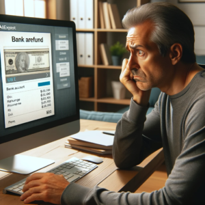 DALL·E 2023 11 14 19.02.05 An image showing a person looking concerned while checking their bank account on a computer. The screen displays a bank statement with no sign of a re 1 1