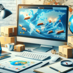 DALL·E 2023 11 14 20.46.31 An image showing a dropshipping business setup with a computer displaying the AliExpress website and a map indicating shipping routes from China to Eu 1