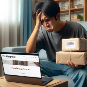 DALL·E 2023 11 14 20.52.58 An image showing a person looking frustrated and confused while holding two packages. The person is in a home setting looking at a laptop screen with 1