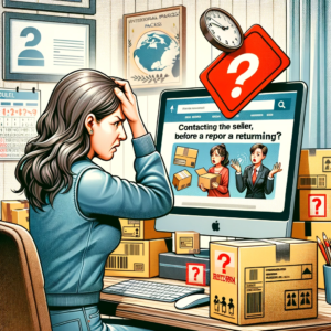 DALL·E 2023 11 15 15.55.31 Illustration for a blog about online shopping issues and solutions. The image depicts a frustrated customer in front of a computer looking at a websi 1