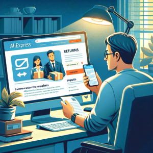 DALL·E 2023 11 21 08.44.18 An informative image illustrating the return process of an AliExpress purchase. The image should depict a customer looking at the AliExpress website o 1