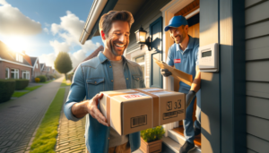 DALL·E 2023 11 22 05.55.10 A serene image for a blog about successful online package delivery depicting a satisfied customer receiving a package at their doorstep. The scene sh 1