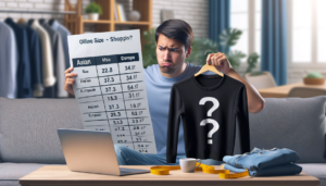 DALL·E 2023 11 23 05.03.35 A creative image representing the challenge of online clothing shopping showing a puzzled customer looking at a clothing size chart with Asian and Eu 1