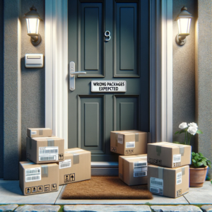 DALL·E 2023 11 23 19.58.42 A doorstep with several unopened packages clearly labeled Wrong Address. The setting is a typical residential entrance with a welcome mat and a sm 1