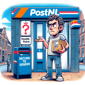 DALL·E 2023 11 24 05.03.01 An illustration of a frustrated customer standing in front of a PostNL point with a returned package in their hands. The package is labeled with Retu 1