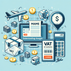 DALL·E 2023 11 25 07.11.50 An informative image showing an online shopping scenario with emphasis on VAT and customs charges featuring a package a mail notification and symbo 1