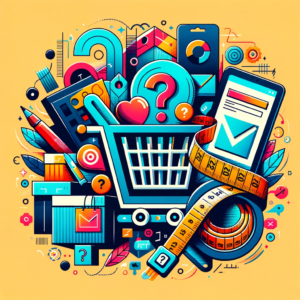 DALL·E 2023 11 26 10.01.07 An abstract illustration representing online shopping challenges. The image includes symbolic elements like a shopping cart a package with a question 1