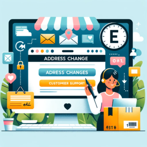 DALL·E 2023 11 27 18.43.39 An informative and friendly blog header image representing online shopping with a focus on address changes and customer support. The image should incl 1