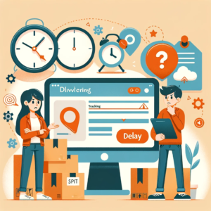 DALL·E 2023 11 28 06.59.53 An informative and friendly blog header image about online shopping focusing on package tracking and delivery issues. The image should feature symbol 1