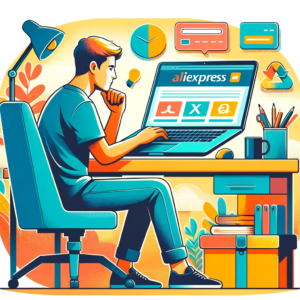 DALL·E 2023 11 29 19.25.42 A colorful illustration of a person using a laptop with the screen showing a web page of AliExpress. The environment should be cozy and welcoming li 1