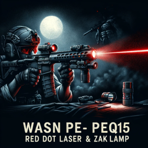 DALL·E 2023 11 29 21.45.44 An illustration for a blog about the Wadsn PEQ15 Red Dot Laser Gericht Zaklamp. The image should depict a tactical scene with a rifle equipped with 1