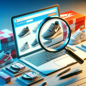 DALL·E 2023 12 02 11.24.27 An image representing the issue of counterfeit products in online shopping specifically related to sportswear brands like Nike. The image should depi 1
