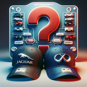 DALL·E 2023 12 02 12.26.54 An image representing the issue of counterfeit brand products purchased online specifically focusing on caps with car brand logos like Jaguar and Inf 1