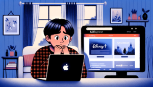 DALL·E 2023 12 03 14.04.30 An illustration showing a person looking worried while browsing Disney options on a laptop with the AliExpress website open in the background. The p 1