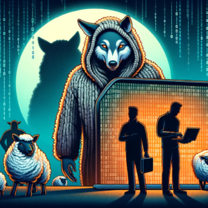 DALL·E 2023 12 04 16.49.07 An illustration depicting the concept of online scams with a visual metaphor of a wolf in sheeps clothing. The wolf represents the scammers decepti 1