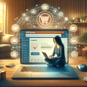 DALL·E 2023 12 04 16.59.37 A conceptual image showing a person shopping online on a laptop with AliExpress website visible on the screen. The scene is set in a comfortable home 1