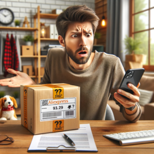 DALL·E 2023 12 04 17.15.56 An image showing a person at a home office looking surprised while holding a package and a smartphone. The package is labeled with a dog light band a 1
