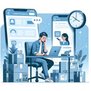 DALL·E 2023 12 05 06.07.23 Illustration representing online shopping and customer support. The image depicts a person sitting at a desk with a laptop visibly concerned while re 1