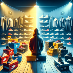DALL·E 2023 12 05 06.19.18 An image representing the theme of avoiding counterfeit products. The scene depicts a split view on one side theres a display of genuine branded pr 1