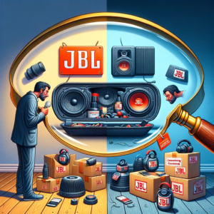 DALL·E 2023 12 05 06.48.33 An image illustrating the issue of counterfeit JBL products in the online market. The scene should depict a split comparison on one side genuine JBL 1