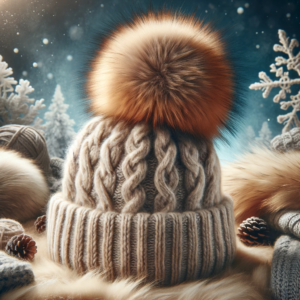 DALL·E 2023 12 07 05.18.25 A stylish and warm unisex winter knitted hat made from wool and fur featuring a 100 natural fox wool ball on top. The image should showcase the hat 1