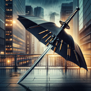 DALL·E 2023 12 07 05.39.30 A creative and stylish samurai sword umbrella with a long handle designed to look like a Japanese ninja sword. The image should showcase the umbrella 1