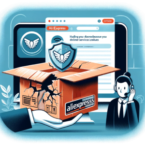DALL·E 2023 12 07 19.29.39 An illustration showing a damaged package with AliExpress logo symbolizing issues in online shopping delivery. The image should convey the concept of 1