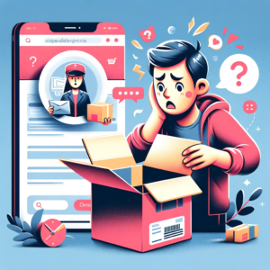 DALL·E 2023 12 08 04.58.58 An illustration representing online shopping and customer service. The image features a person opening a package with a confused expression discoveri 1
